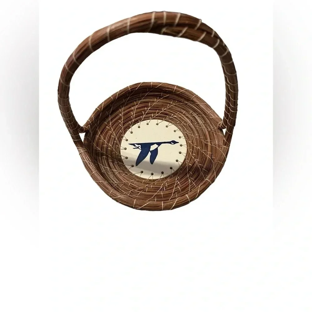 Pine Needle Handle Basket With Handpainted Ceramic Bird Plate Bottom Sig…